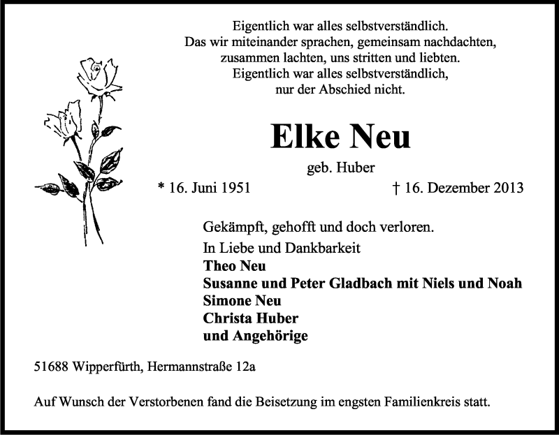  Traueranzeige für Elke Neu vom 28.12.2013 aus Kölner Stadt-Anzeiger / Kölnische Rundschau / Express