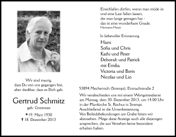 Anzeige von Gertrud Schmitz von Kölner Stadt-Anzeiger / Kölnische Rundschau / Express
