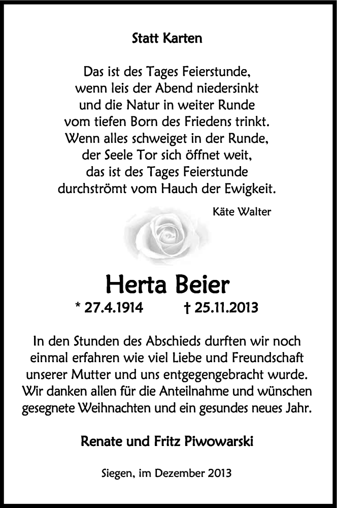  Traueranzeige für Herta Beier vom 21.12.2013 aus Kölner Stadt-Anzeiger / Kölnische Rundschau / Express