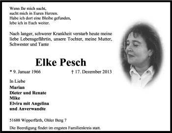 Anzeige von Elke Pesch von Kölner Stadt-Anzeiger / Kölnische Rundschau / Express