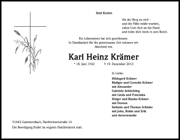 Anzeige von Karl Heinz Krämer von Kölner Stadt-Anzeiger / Kölnische Rundschau / Express