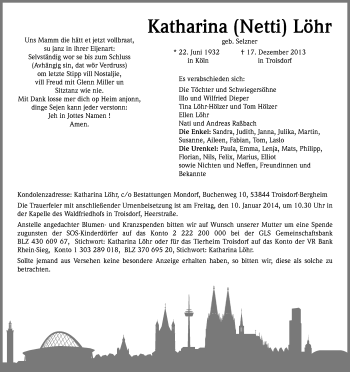 Anzeige von Katharina Löhr von Kölner Stadt-Anzeiger / Kölnische Rundschau / Express