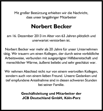 Anzeige von Norbert Becker von Kölner Stadt-Anzeiger / Kölnische Rundschau / Express
