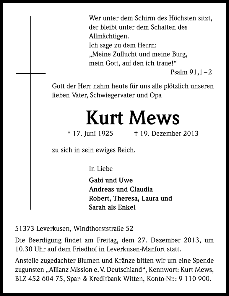  Traueranzeige für Kurt Mews vom 21.12.2013 aus Kölner Stadt-Anzeiger / Kölnische Rundschau / Express