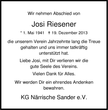 Anzeige von Josi Riesener von Kölner Stadt-Anzeiger / Kölnische Rundschau / Express