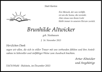 Anzeige von Brunhilde Altwicker von Kölner Stadt-Anzeiger / Kölnische Rundschau / Express