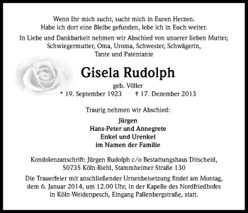 Anzeige von Gisela Rudolph von Kölner Stadt-Anzeiger / Kölnische Rundschau / Express