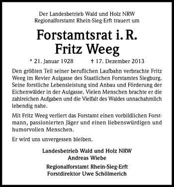 Anzeige von Fritz Weeg von Kölner Stadt-Anzeiger / Kölnische Rundschau / Express