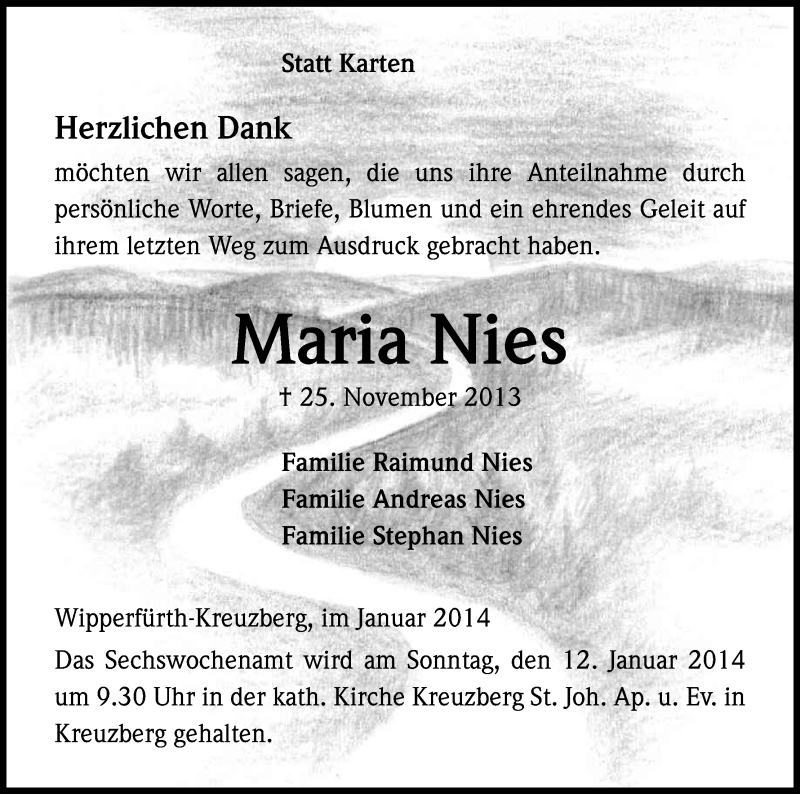  Traueranzeige für Maria Nies vom 04.01.2014 aus Kölner Stadt-Anzeiger / Kölnische Rundschau / Express