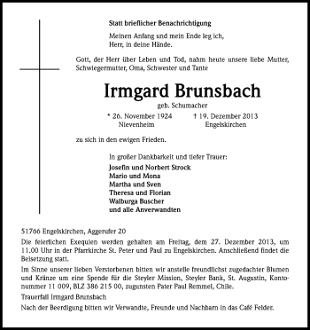 Anzeige von Irmgard Brunsbach von Kölner Stadt-Anzeiger / Kölnische Rundschau / Express