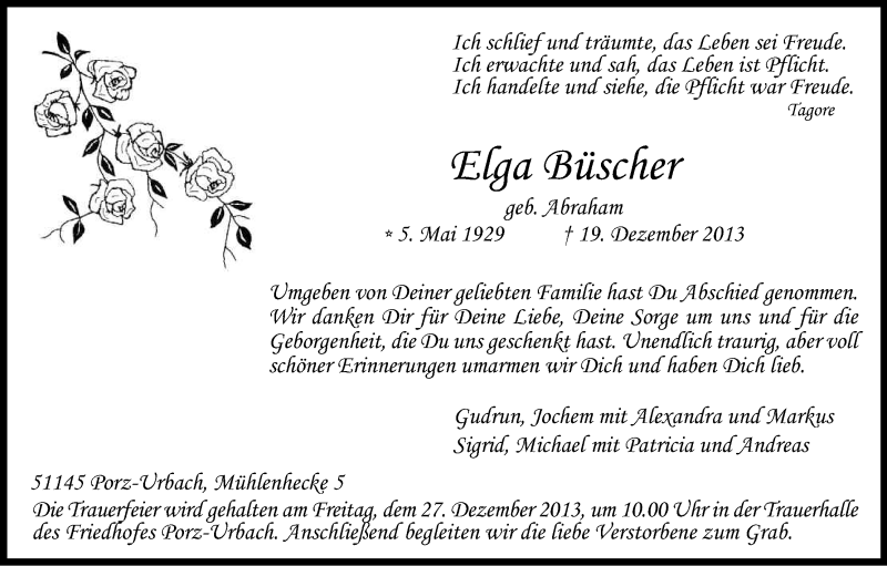  Traueranzeige für Elga Büscher vom 24.12.2013 aus Kölner Stadt-Anzeiger / Kölnische Rundschau / Express