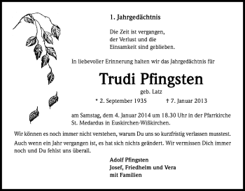 Anzeige von Trudi Pfingsten von Kölner Stadt-Anzeiger / Kölnische Rundschau / Express