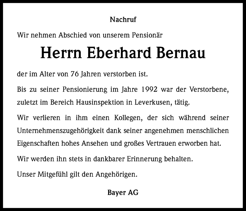  Traueranzeige für Eberhard Bernau vom 23.12.2013 aus Kölner Stadt-Anzeiger / Kölnische Rundschau / Express