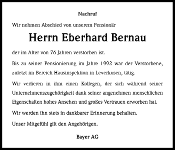 Anzeige von Eberhard Bernau von Kölner Stadt-Anzeiger / Kölnische Rundschau / Express