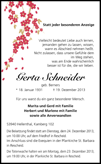 Anzeige von Gerta Schneider von Kölner Stadt-Anzeiger / Kölnische Rundschau / Express
