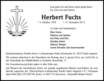 Anzeige von Herbert Fuchs von Kölner Stadt-Anzeiger / Kölnische Rundschau / Express