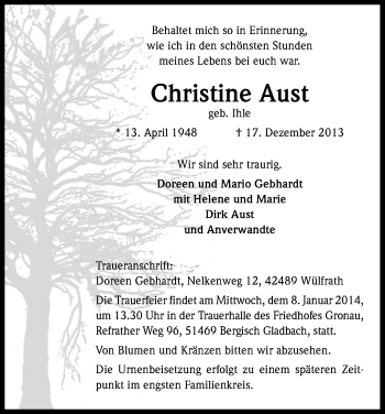 Anzeige von Christine Aust von Kölner Stadt-Anzeiger / Kölnische Rundschau / Express