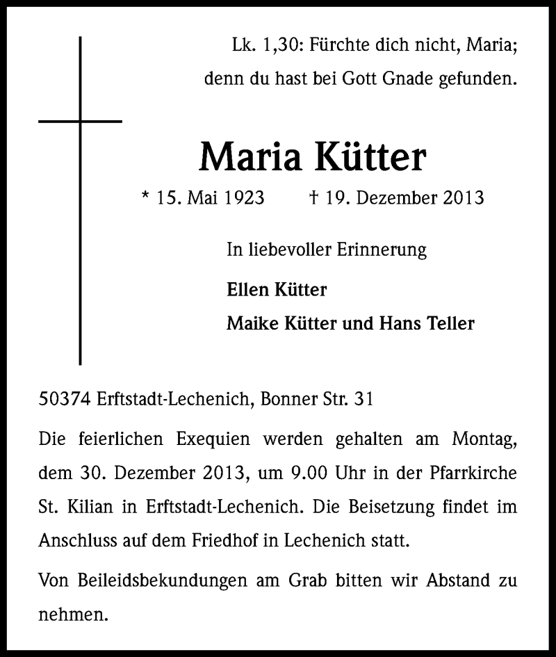  Traueranzeige für Maria Kütter vom 27.12.2013 aus Kölner Stadt-Anzeiger / Kölnische Rundschau / Express