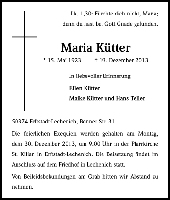 Anzeige von Maria Kütter von Kölner Stadt-Anzeiger / Kölnische Rundschau / Express