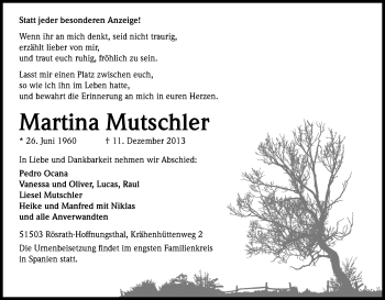 Anzeige von Martina Mutschler von Kölner Stadt-Anzeiger / Kölnische Rundschau / Express
