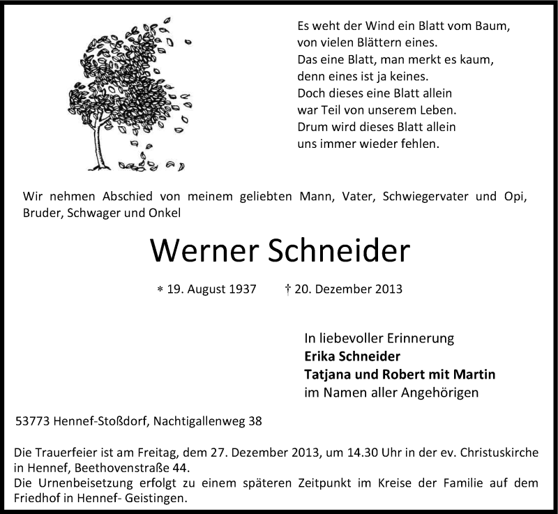  Traueranzeige für Werner Schneider vom 23.12.2013 aus Kölner Stadt-Anzeiger / Kölnische Rundschau / Express