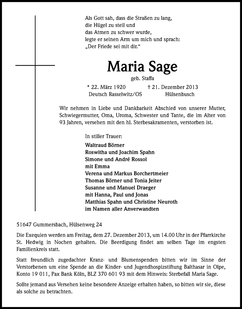 Traueranzeige für Maria Sage vom 24.12.2013 aus Kölner Stadt-Anzeiger / Kölnische Rundschau / Express
