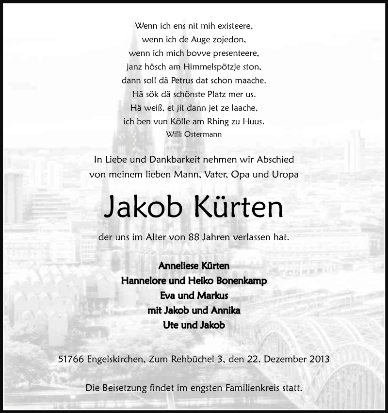  Traueranzeige für Jakob Kürten vom 24.12.2013 aus Kölner Stadt-Anzeiger / Kölnische Rundschau / Express