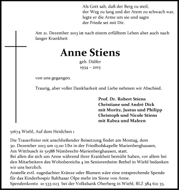 Anzeige von Anne Stiens von Kölner Stadt-Anzeiger / Kölnische Rundschau / Express