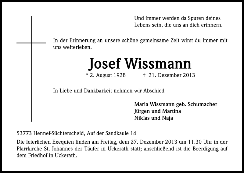  Traueranzeige für Josef Wissmann vom 24.12.2013 aus Kölner Stadt-Anzeiger / Kölnische Rundschau / Express