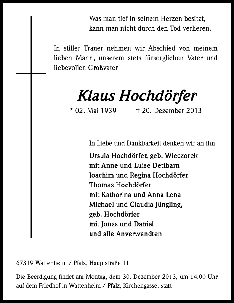  Traueranzeige für Klaus Hochdörfer vom 24.12.2013 aus Kölner Stadt-Anzeiger / Kölnische Rundschau / Express