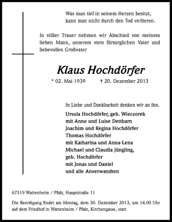 Anzeige von Klaus Hochdörfer von Kölner Stadt-Anzeiger / Kölnische Rundschau / Express