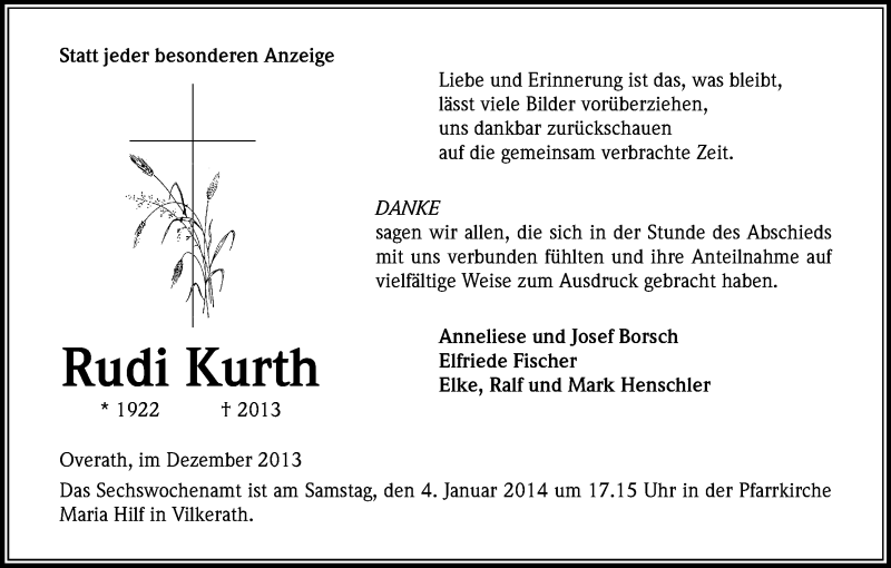  Traueranzeige für Rudi Kurth vom 28.12.2013 aus Kölner Stadt-Anzeiger / Kölnische Rundschau / Express