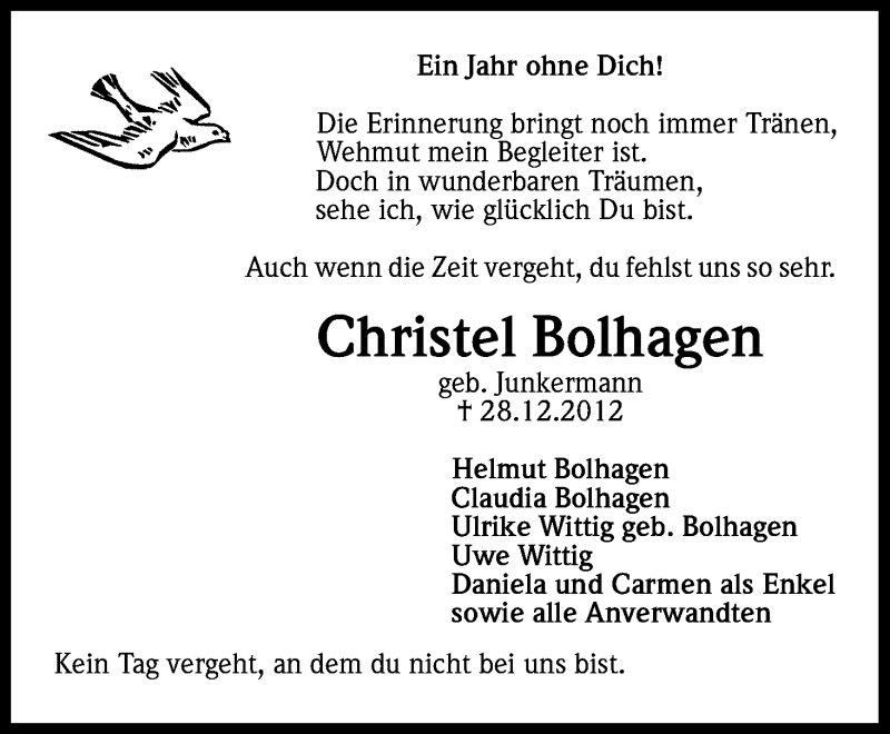  Traueranzeige für Christel Bolhagen vom 28.12.2013 aus Kölner Stadt-Anzeiger / Kölnische Rundschau / Express