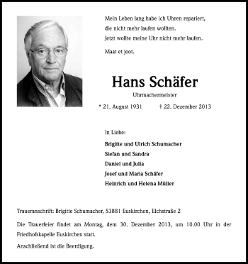 Anzeige von Hans Schäfer von Kölner Stadt-Anzeiger / Kölnische Rundschau / Express