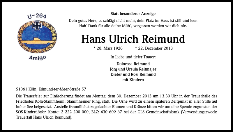  Traueranzeige für Hans Ulrich Reimund vom 24.12.2013 aus Kölner Stadt-Anzeiger / Kölnische Rundschau / Express