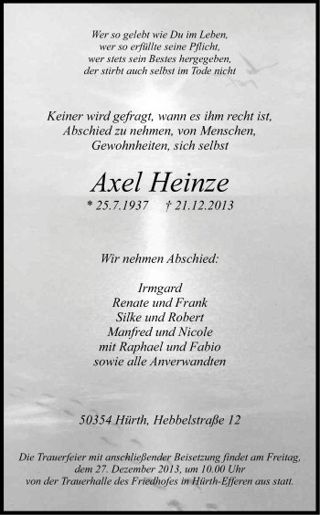 Anzeige von Axel Heinze von Kölner Stadt-Anzeiger / Kölnische Rundschau / Express