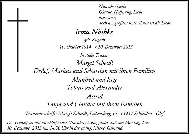  Traueranzeige für Irma Näthke vom 24.12.2013 aus Kölner Stadt-Anzeiger / Kölnische Rundschau / Express