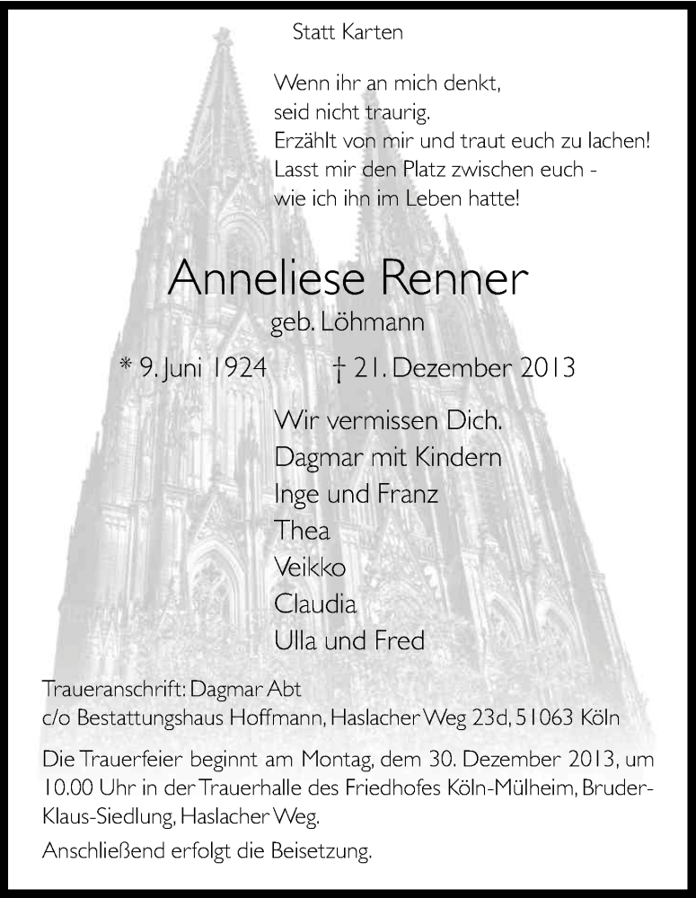  Traueranzeige für Anneliese Renner vom 28.12.2013 aus Kölner Stadt-Anzeiger / Kölnische Rundschau / Express