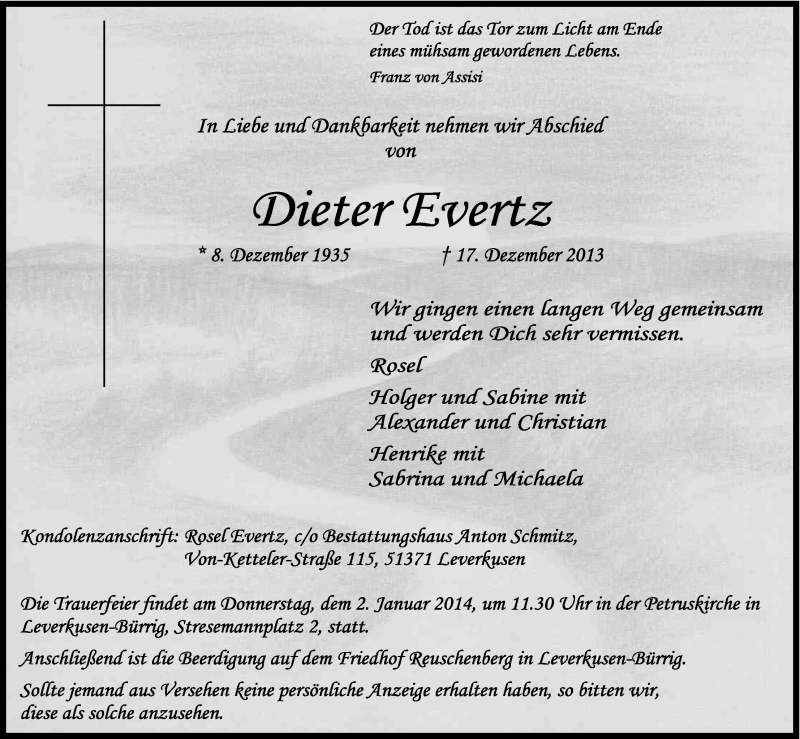  Traueranzeige für Dieter Evertz vom 28.12.2013 aus Kölner Stadt-Anzeiger / Kölnische Rundschau / Express