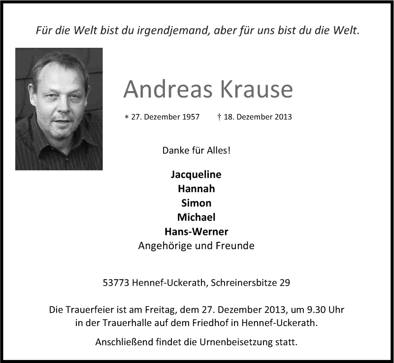  Traueranzeige für Andreas Krause vom 24.12.2013 aus Kölner Stadt-Anzeiger / Kölnische Rundschau / Express