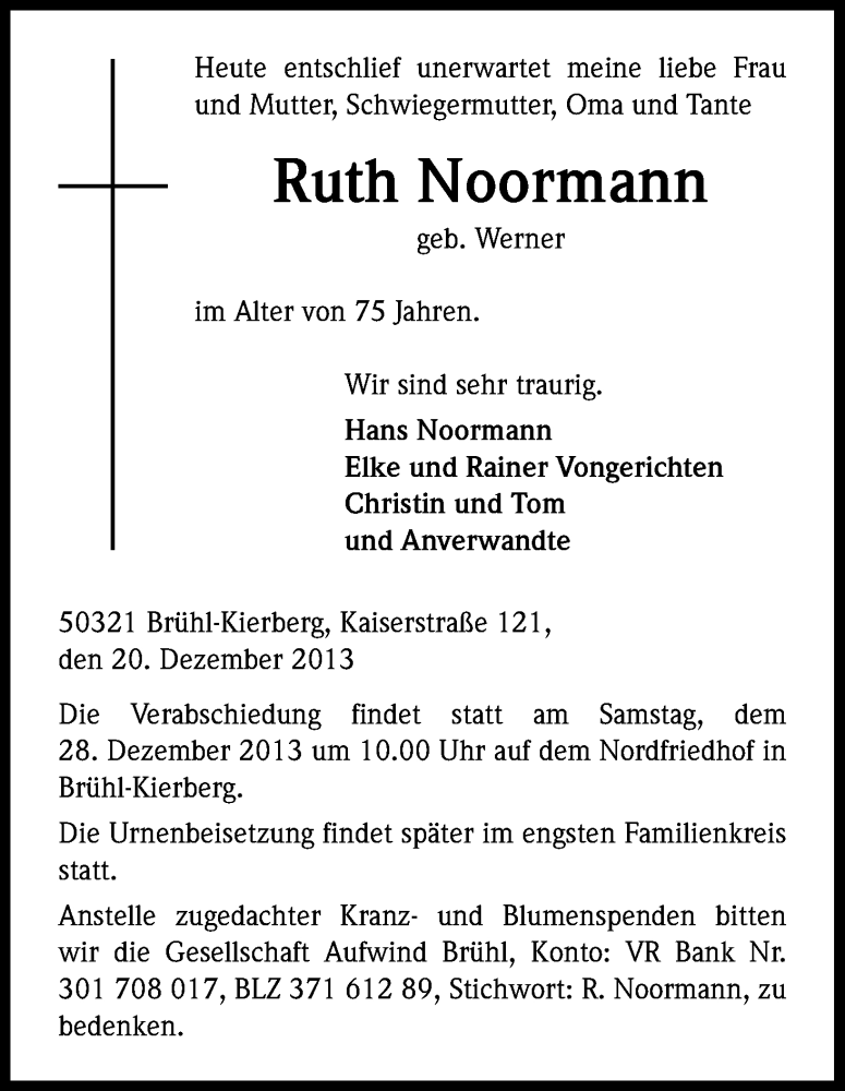  Traueranzeige für Ruth Noormann vom 24.12.2013 aus Kölner Stadt-Anzeiger / Kölnische Rundschau / Express