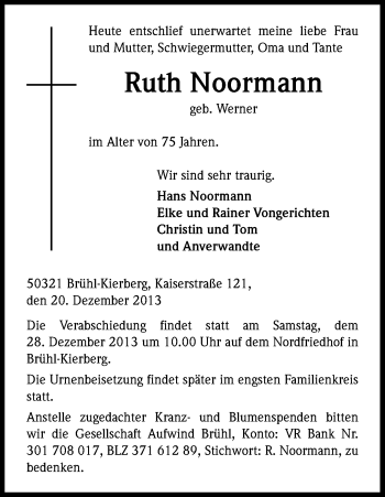 Anzeige von Ruth Noormann von Kölner Stadt-Anzeiger / Kölnische Rundschau / Express