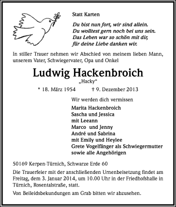 Anzeige von Ludwig Hackenbroich von Kölner Stadt-Anzeiger / Kölnische Rundschau / Express