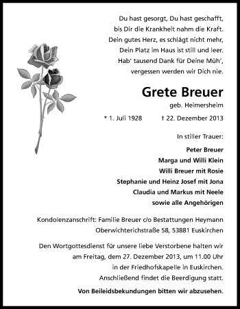 Anzeige von Grete Breuer von Kölner Stadt-Anzeiger / Kölnische Rundschau / Express