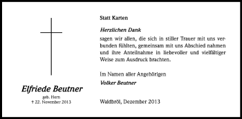 Anzeige von Elfriede Beutner von Kölner Stadt-Anzeiger / Kölnische Rundschau / Express