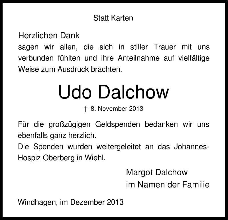  Traueranzeige für Udo Dalchow vom 28.12.2013 aus Kölner Stadt-Anzeiger / Kölnische Rundschau / Express