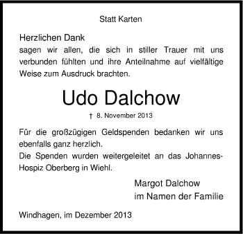 Anzeige von Udo Dalchow von Kölner Stadt-Anzeiger / Kölnische Rundschau / Express