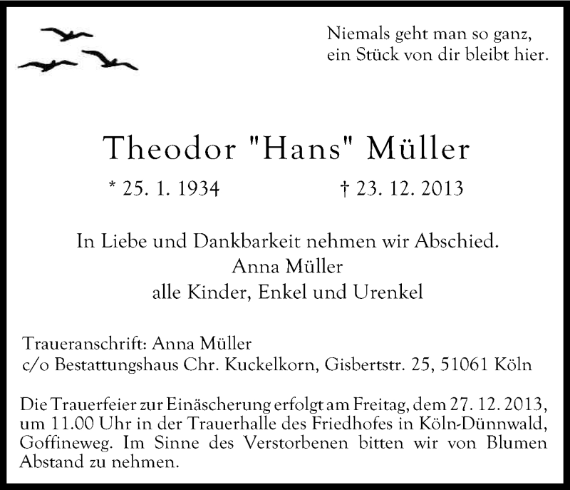  Traueranzeige für Theodor Müller vom 24.12.2013 aus Kölner Stadt-Anzeiger / Kölnische Rundschau / Express