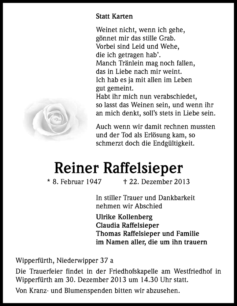  Traueranzeige für Reiner Raffelsieper vom 24.12.2013 aus Kölner Stadt-Anzeiger / Kölnische Rundschau / Express