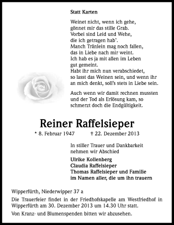 Anzeige von Reiner Raffelsieper von Kölner Stadt-Anzeiger / Kölnische Rundschau / Express
